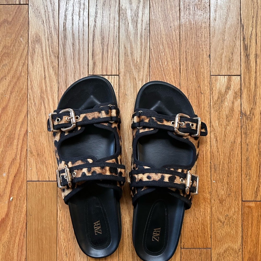 Zara Leopard-Print Double Buckle Slide Sandals